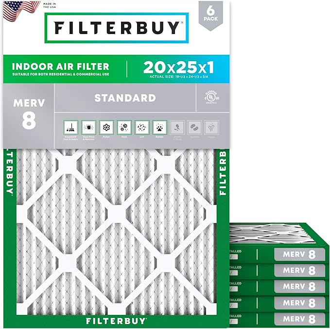 Filterbuy 20x25x1 Air Filter MERV 8 Essential Dust & Allergy Defense, by Filterbuy