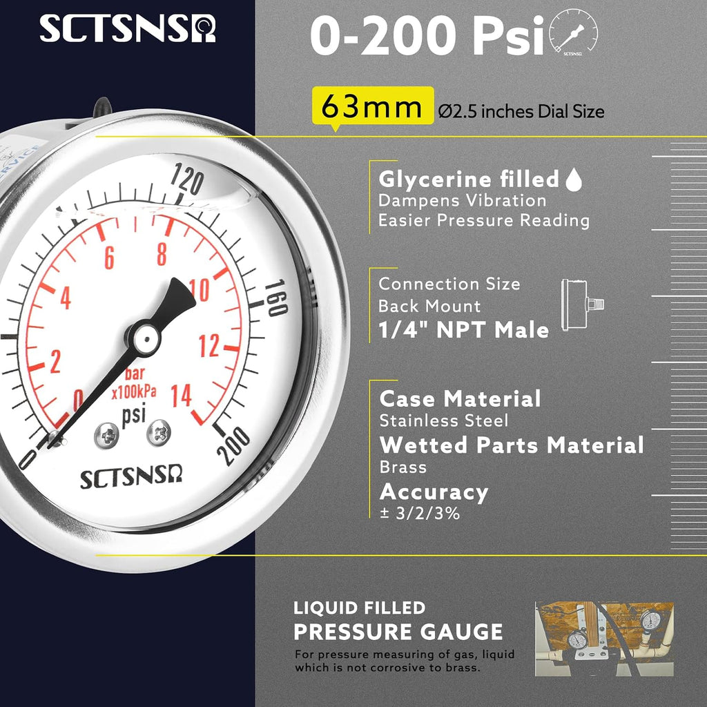 0-200 Psi Pressure Gauge, Liquid Filled, 1/4" NPT Back Mount