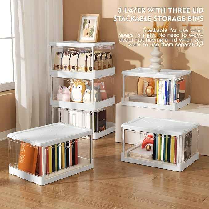 Clear Storage Bin with Lid 3 Pack 【Stackable & Sturdy】 Plastic Multifunctional