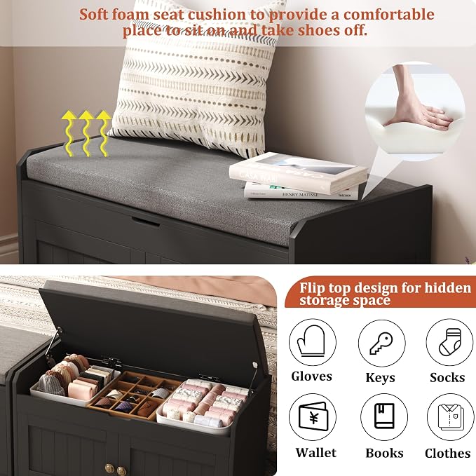 HOMEFORT 30" Shoe Bench with Lift Top Storage, Entryway Bench with Cushioned - Image 6