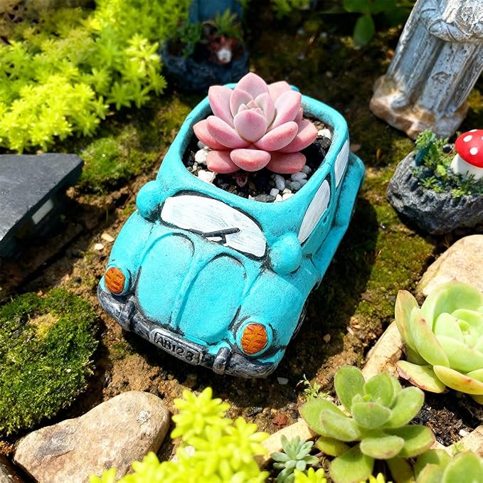 Cute Light-Blue Car Succulent Planter Pot, Flower Pots Succulent Plants - Image 4