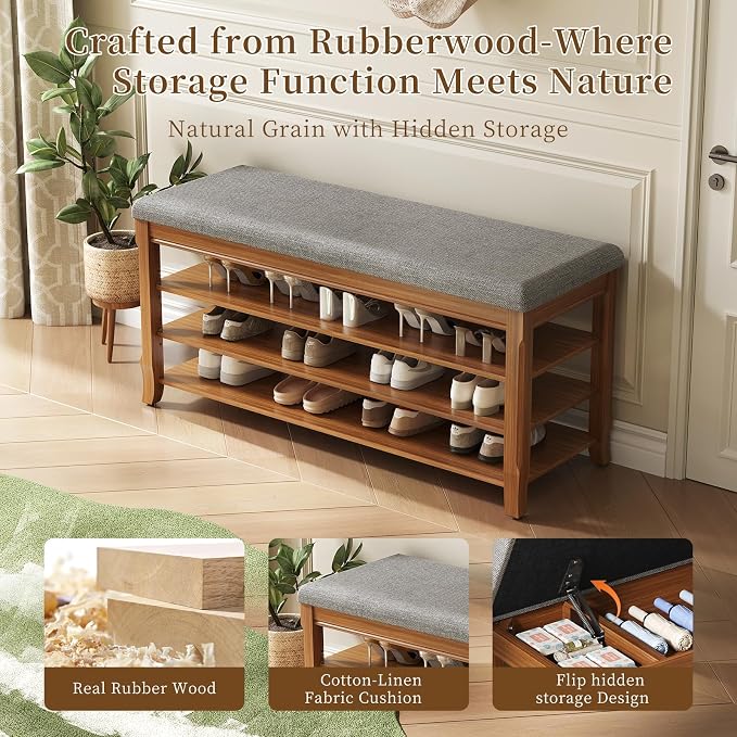 Rubber Wood Shoe Bench with Storage, Flip-Top Soft-Close Lid, Adjustable Shelves - Image 7