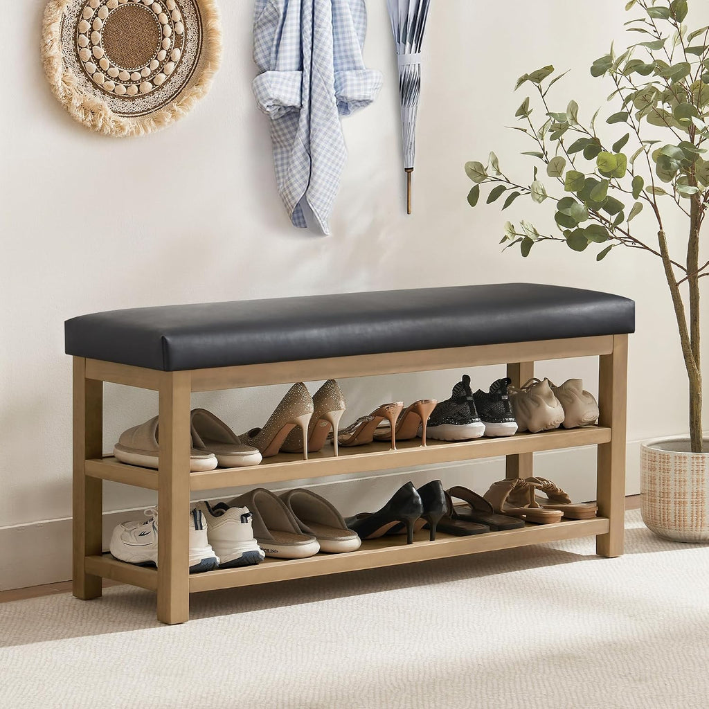 Shoe Rack Bench with Leather Cushion, 2 Tier Solid Wood Storage Bench