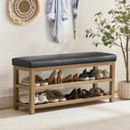 Shoe Rack Bench with Leather Cushion, 2 Tier Solid Wood Storage Bench