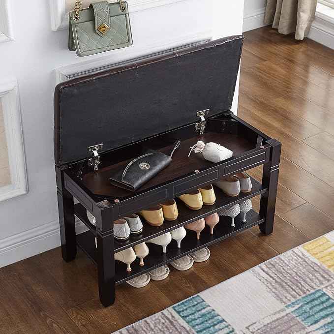 Shoe Storage Bench with Cushion, Entry Bench with Storage Solid Wood Shoe Bench