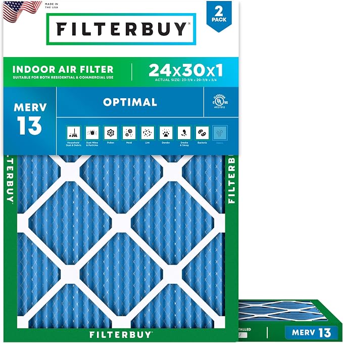 Filterbuy 24x30x1 Air Filter MERV 13 Optimal Smoke & Allergy Defense, by Filterbuy
