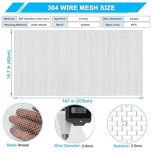 Stainless Steel Mesh Screen 8Mesh 304, 15.7" x 147" Metal Mesh Screen, Rust - Image 2