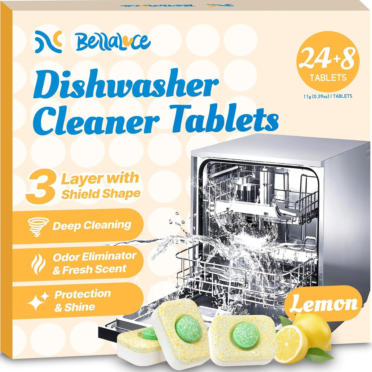 Bellaluce Dishwasher Cleaner Tablets - Lemon Scent, 32 Pack