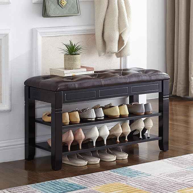 Shoe Storage Bench with Cushion, Entry Bench with Storage Solid Wood Shoe Bench