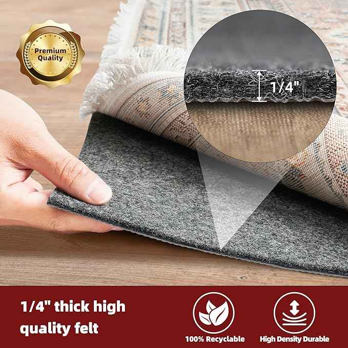 BAGAIL Felt and Natural Rubber Backing Rug Pads 1/4” Thick, 5 x 8 Ft Non Slip