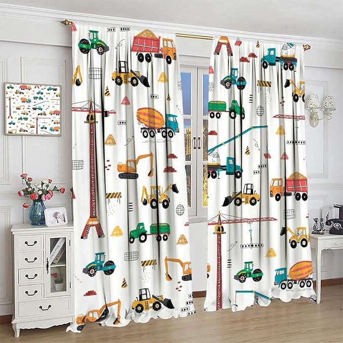 Construction Window Curtains, Kids Cartoon Construction Machines Building Hand - Image 3