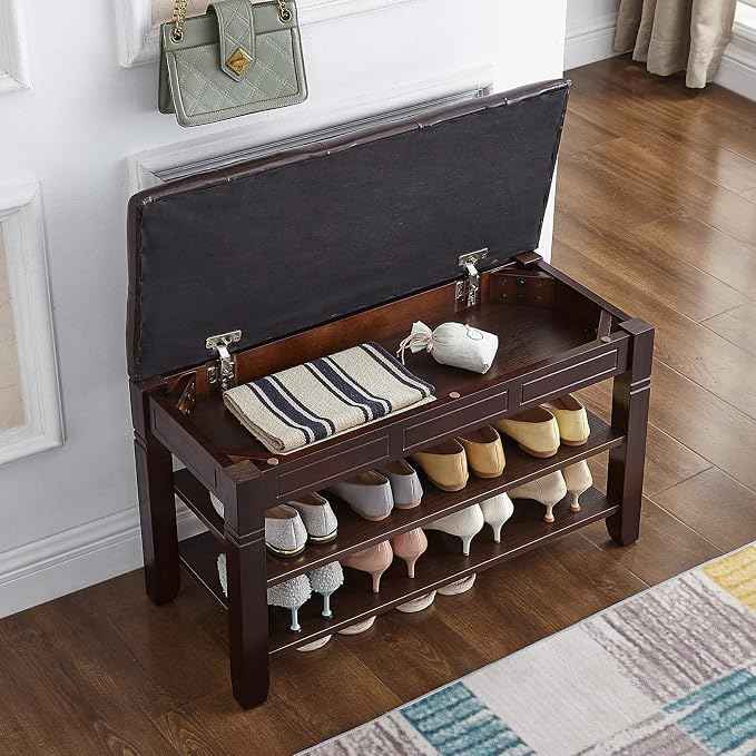 Shoe Storage Bench with Cushion, Entry Bench with Storage Solid Wood Shoe Bench