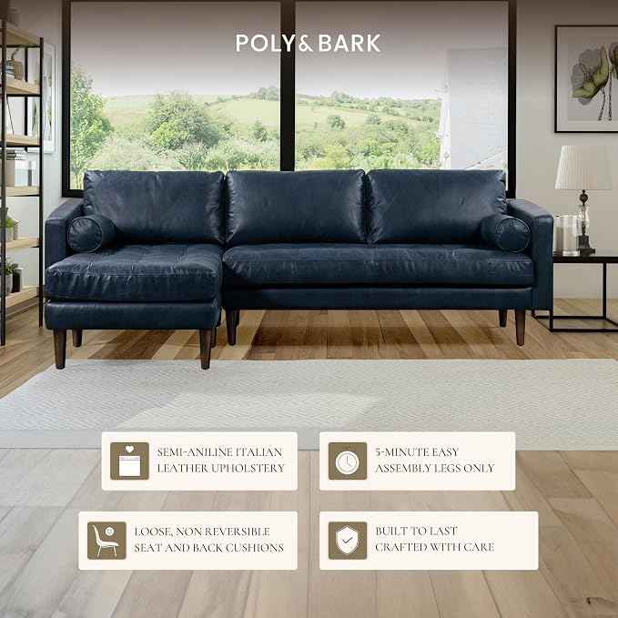Poly & BARK Napa 104.5" Left-Facing Sectional Sofa – Midnight Blue Full-Grain