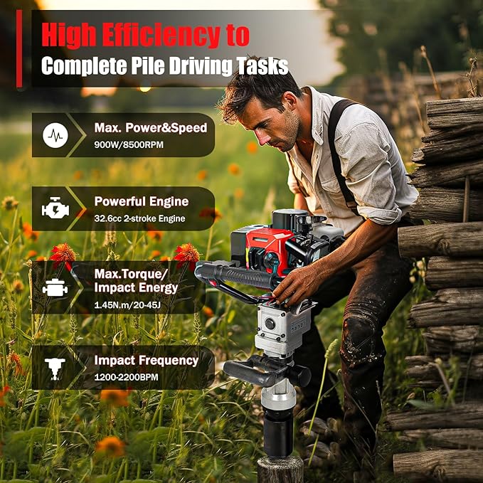 Gas Powered T-Post Driver, 900W 32.7CC T Post Pounder Driver Heavy Duty Gasoline - Image 5