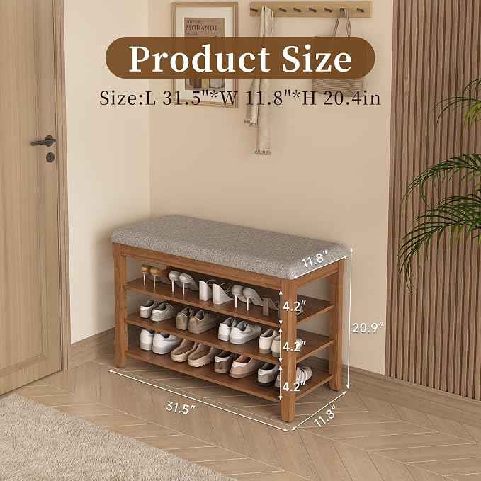 Solid Wood Shoe Bench with Storage, Flip-Top Soft-Close Lid, Adjustable Shelves