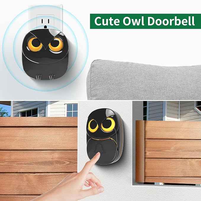 Wireless Doorbell, Cute Owl Doorbell Weatherproof IP55 Outdoor Remote Push