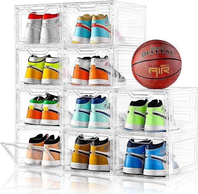 10 Pack Large Shoe Boxes Clear Plastic Stackable, Shoe Storage Organizer