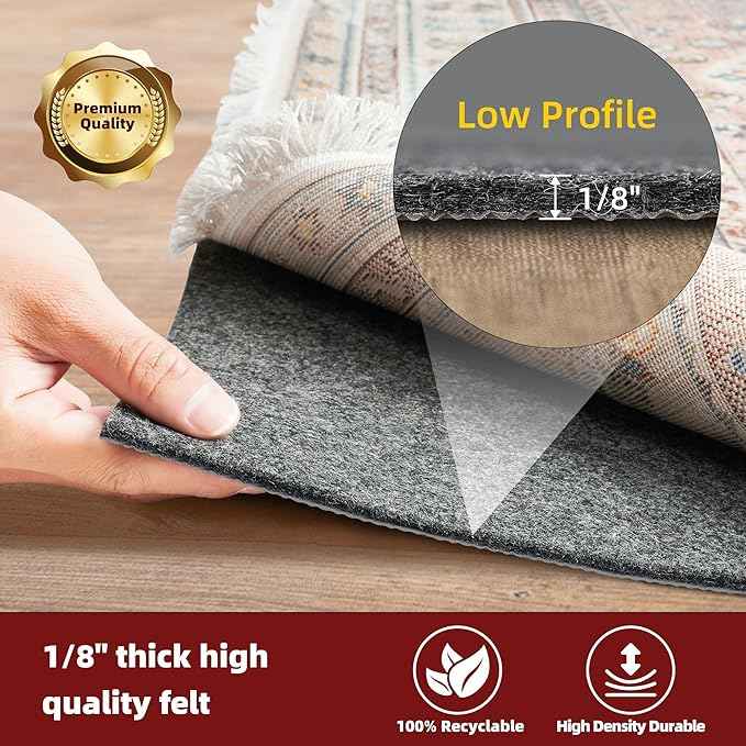BAGAIL Felt and Natural Rubber Backing Rug Pads 1/8” Thick, 5 x 7 Ft Non Slip