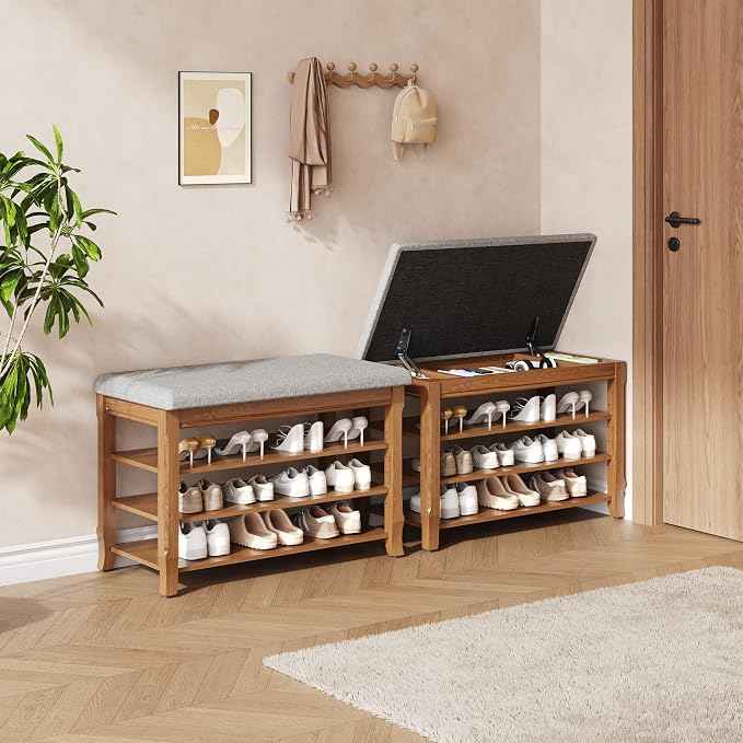 Solid Wood Shoe Bench with Storage, Flip-Top Soft-Close Lid, Adjustable Shelves