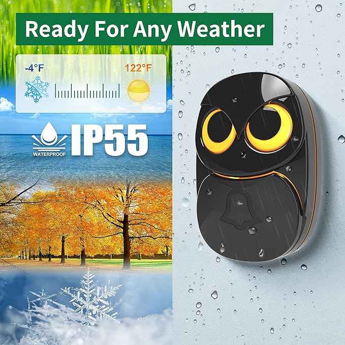 Wireless Doorbell, Cute Owl Doorbell Weatherproof IP55 Outdoor Remote Push