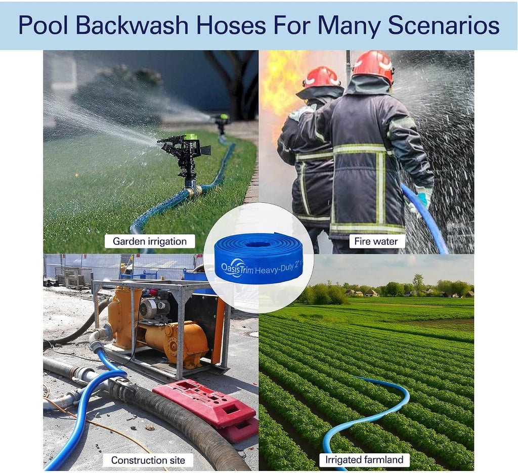 1.5"x50FT Pool Backwash Hose, Lay Flat, Drain & Sump, 2 Clamps